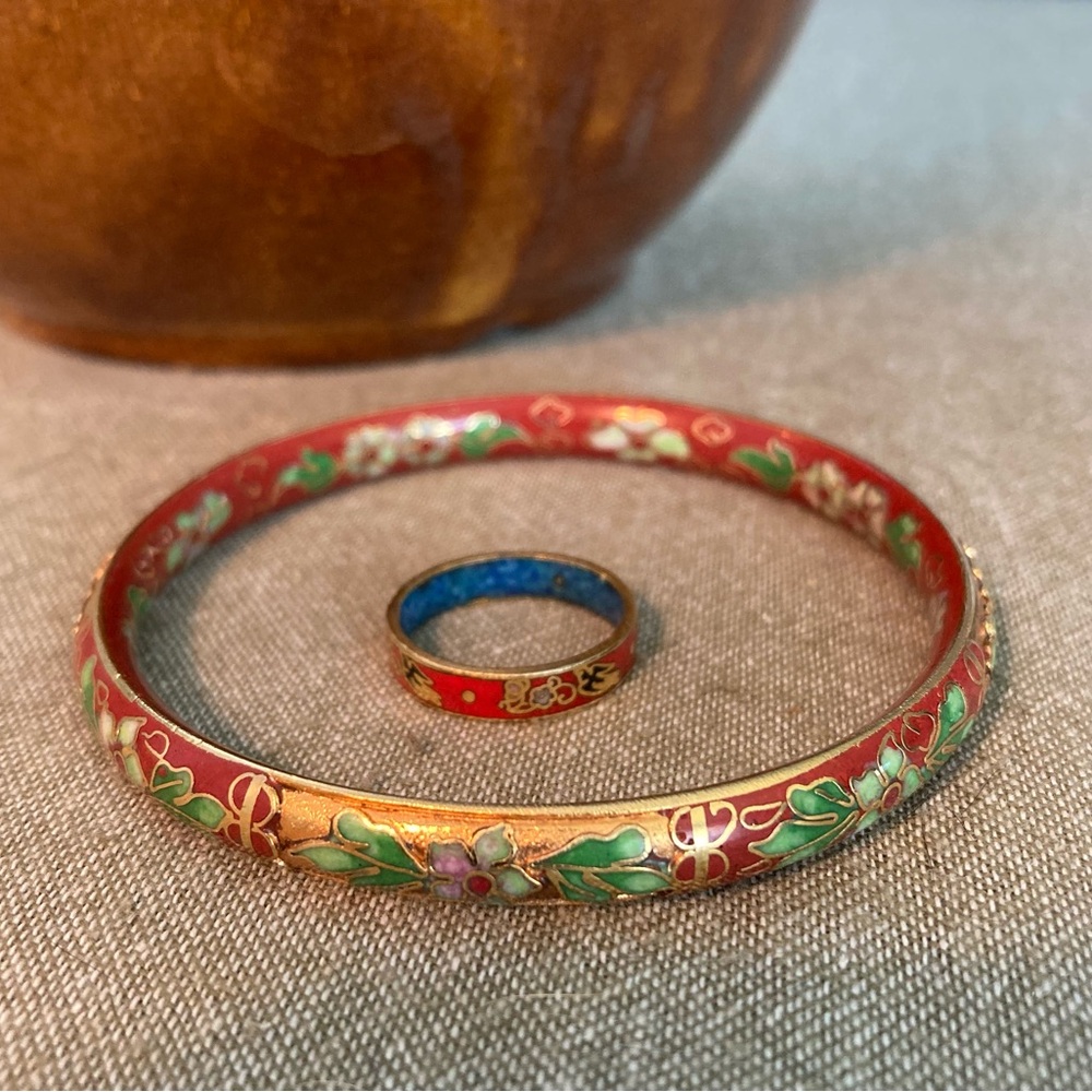 Vintage Cloisonné Enamel Bangle and Ring Set - Red, Gold, Blue, Green Floral